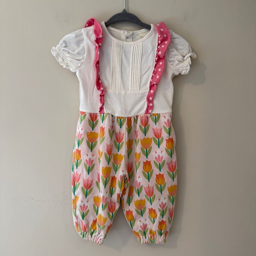 Matilda Jane Baby Girls Tulip Floral Ruffle Romper White Pink 0-3M